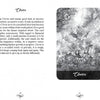 A spread from the Mirror Truth Lenormand Cards by Schiffer Publishing, Ltd. shows an ornate description of the Clover card (6) on the left and a grayscale illustration with birds, clover leaves, and light effects on the right—ideal for intuitive readings.