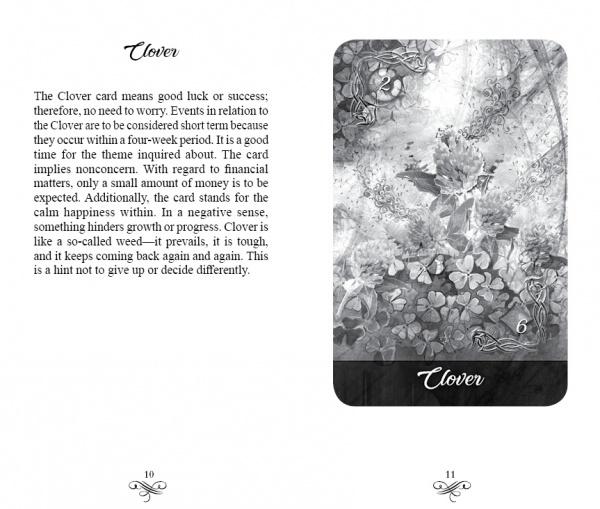 A spread from the Mirror Truth Lenormand Cards by Schiffer Publishing, Ltd. shows an ornate description of the Clover card (6) on the left and a grayscale illustration with birds, clover leaves, and light effects on the right—ideal for intuitive readings.