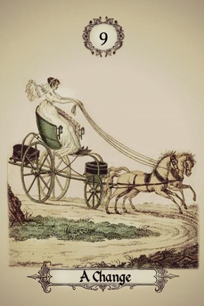 A vintage woman speeds in a horse-drawn carriage on an oracle card from The Art of Kipper Reading by Schiffer Publishing, Ltd., featuring the number 9 atop and "A Change" at the bottom.