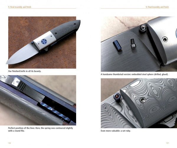 A collage of four photos displays Schiffer Publishing, Ltd.'s Liner Lock Knives: a full view, close-ups of the thumbstud with steel sphere, a contoured liner spring, and a thumbstud featuring a small red ruby.