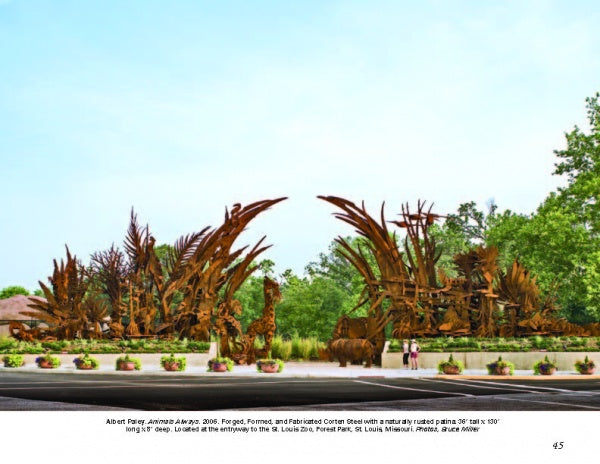 Ironwork Today 2 by Schiffer Publishing, Ltd. showcases large outdoor iron artworks with abstract, animal-inspired forms and rusted edges, set amid greenery—perfect for enhancing entrances and walkways.