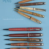 Ten Turning Modified Slimline Pens from Schiffer Publishing, Ltd. are displayed on a blue background: five are arranged in a fan shape above and five are lined up below, each featuring detailed descriptions.
