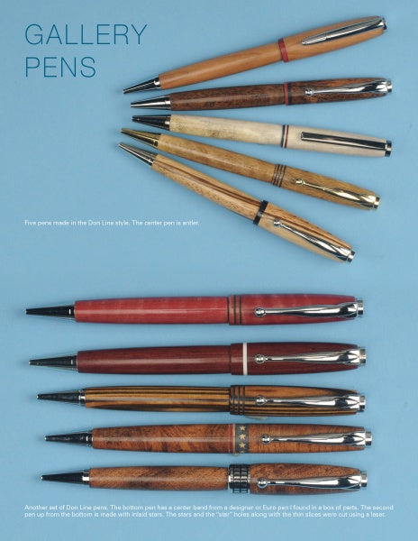 Ten Turning Modified Slimline Pens from Schiffer Publishing, Ltd. are displayed on a blue background: five are arranged in a fan shape above and five are lined up below, each featuring detailed descriptions.
