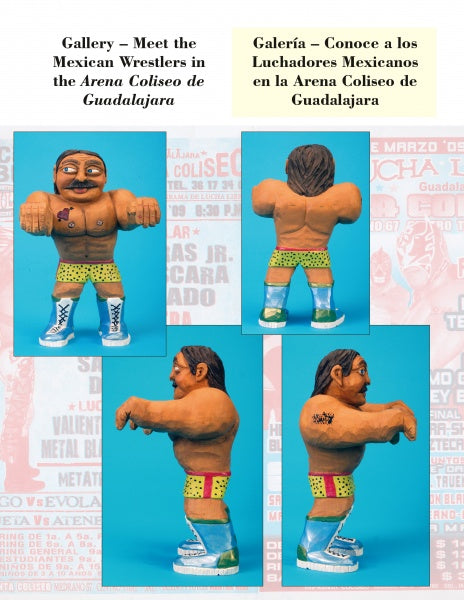 Carving Mexican Wrestlers by Schiffer Publishing, Ltd. features a clay Lucha Libre figurine with a mustache, tattoos, yellow wrestling shorts, blue boots with white laces—shown from four angles against a light blue background with bilingual text.