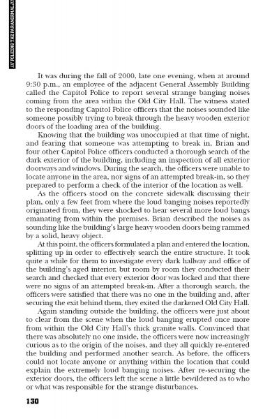 A page from "Policing the Paranormal" by Schiffer Publishing, Ltd. recounts strange banging at Old City Hall, one of Virginia’s haunted sites, in fall 2000. Police investigated but found no cause; the detailed account fills the page.