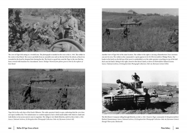 Four black-and-white photos from "Waffen-SS Tiger Crews at Kursk" by Schiffer Publishing, Ltd. show German Tiger tanks and Waffen-SS soldiers during WWII, pictured in natural landscapes with wartime equipment in the background.