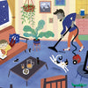 A cozy, colorful living room at night from "Shhh" by Schiffer Publishing, Ltd.: a child reads on the sofa, an adult vacuums, a cat hisses, another washes dishes in the kitchen, and a TV displays two people singing.