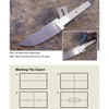 A knife blade and metal guard rest on a work surface in "Basic Knife Making" by Schiffer Publishing, Ltd. An inset shows a hand marking the guard, with four diagrams below illustrating this essential step in knifemaking.