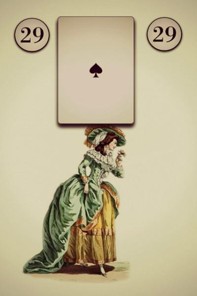 A vintage-style illustration of a woman in a green dress stands below a spade-adorned playing card, echoing classic Lenormand Oracle Cards by Schiffer Publishing, Ltd.; the number 29 appears in circles at the top left and right.
