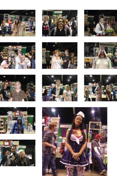 Fans in cosplay, including The Walking Dead-inspired outfits, pose by booths and merch at a convention, with Schiffer Publishing, Ltd.’s Zombie Nation featured in colorful displays.