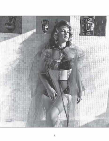 A woman in vintage-style lingerie and a sheer robe poses by a tiled wall with jugs behind her, evoking classic 1950s glamour as seen in "Femmes Fatales of the 1950s" by Schiffer Publishing, Ltd.