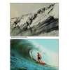 Schiffer Publishing's The Ultimate Collector's Guide to features two vintage Hawaiian surf postcards—one with four surfers on a large wave, the other with a surfer in a red suit within the curl—a must-have for surf collectibles fans.