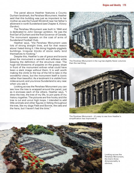 A page from Hooked Rug Storytelling by Schiffer Publishing, Ltd. features textile art of the Penshaw Monument, photos of the actual site, text about the artist’s inspiration, and close-ups highlighting stitching detail and rug making techniques.