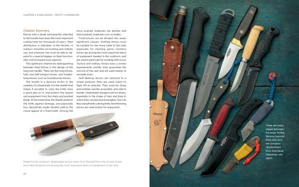 A two-page spread from The Big Book of Knives by Schiffer Publishing, Ltd. shows types of knives described in a left column and various folding knives with different handles and blades displayed on wood to the right.
