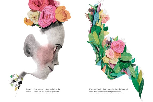 A stylized illustration inspired by the Frida Kahlo children's book "The Two Fridas" from Schiffer Publishing, Ltd. features a profile with colorful flowers and leaves on the head, plus a floral cluster and short text beneath both images.