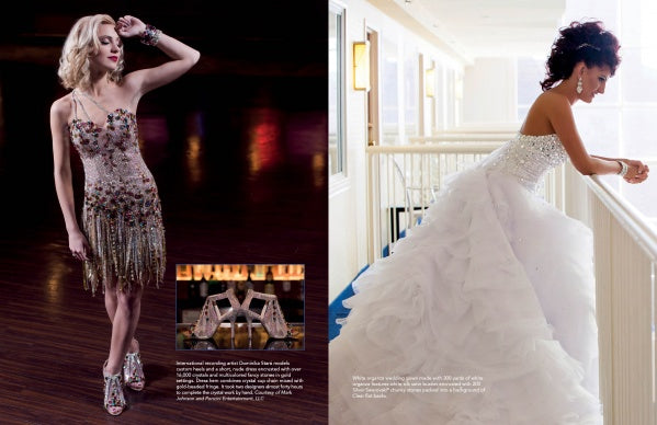 A blonde in a short beaded, fringed dress poses indoors, as a brunette in a strapless white ruffled ball gown leans on a balcony—true Gypsy style, as seen in Bling! from Schiffer Publishing, Ltd.