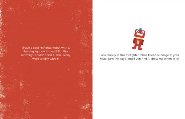 Two pages from "Where Is My Robot?" by Schiffer Publishing, Ltd.: The left page has a red background and robot toy facts, while the right shows a red robot and asks readers to find it in later pages.