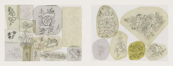 Classic Tattoo Stencils 2 by Schiffer Publishing, Ltd. features sketches of traditional tattoos—roses, banners, and snakes—on paper scraps and tracing paper, recalling vintage mid-20th-century stencils, arranged on a light background.