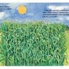 A tall cornfield stretches under the sun, with a dog by the fence and a family looking into Mosey's Field near a red barn and farmhouse. From Schiffer Publishing, Ltd.