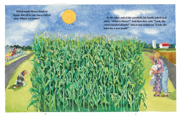 A tall cornfield stretches under the sun, with a dog by the fence and a family looking into Mosey's Field near a red barn and farmhouse. From Schiffer Publishing, Ltd.