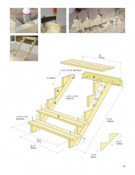 Basic Carpentry and Interior Design Projects for the Home and Garden" by Schiffer Publishing, Ltd. offers a visual step-by-step guide to building wooden stairs, with close-ups of gluing, clamping, assembly, and labeled stair construction diagrams.