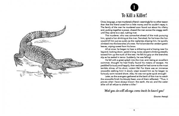On the left is a black and white crocodile illustration. On the right, "To Kill a Killer!"—a fable from "50 Famous Fables and Folk Tales" by Schiffer Publishing, Ltd.—is shown under a large number 1, with a handwritten quote below.
