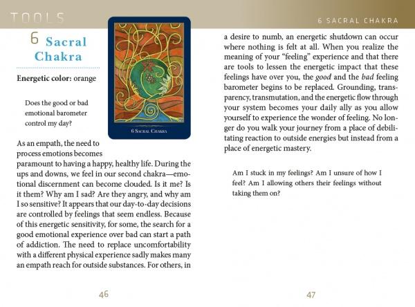 A book page from "The Empathic Oracle" by Schiffer Publishing, Ltd. features the 6th Sacral Chakra, showcasing an orange card with symbolic art, insights into empathic abilities, advice for empaths, and tips for managing emotional overwhelm.