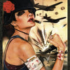 A woman in a black hat with a red rose, smoking a cigar and flexing her bandaged fist amid warplanes, embodies strength in this "Lowbrow Tarot" piece by Schiffer Publishing, Ltd., inspired by the Lowbrow Art Movement and Tarot artists.