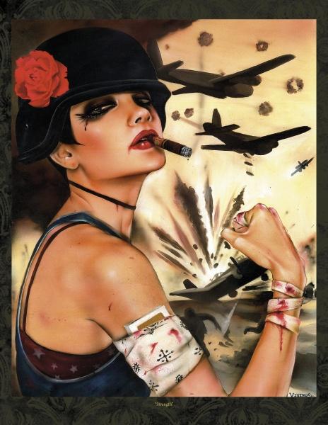 A woman in a black hat with a red rose, smoking a cigar and flexing her bandaged fist amid warplanes, embodies strength in this "Lowbrow Tarot" piece by Schiffer Publishing, Ltd., inspired by the Lowbrow Art Movement and Tarot artists.