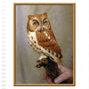 A person holds "Carving the Screech Owl" by Schiffer Publishing, Ltd., featuring a detailed wood carving of a brown and white screech owl on a branch. Text explains attaching the owl’s body to its feet using wood carving methods and epoxy.