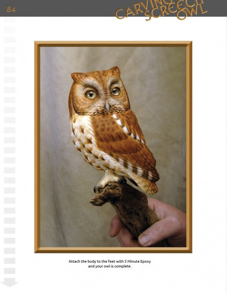 A person holds "Carving the Screech Owl" by Schiffer Publishing, Ltd., featuring a detailed wood carving of a brown and white screech owl on a branch. Text explains attaching the owl’s body to its feet using wood carving methods and epoxy.