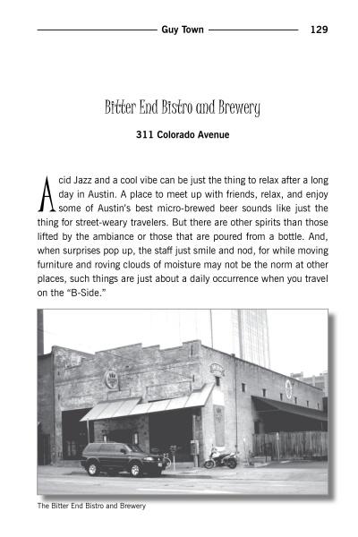 A black-and-white photo from "Haunted Austin, Texas" by Schiffer Publishing, Ltd. shows the brick exterior of the Bitter End Bistro and Brewery, a well-known stop on haunted tours, with parked cars and a sign above its city street entrance.