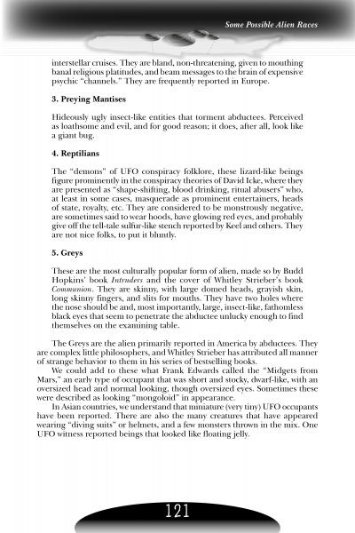 Page 121 of Midwest UFOs and Beyond (Schiffer Publishing, Ltd.) describes three alien types—Preying Mantises, Reptilians, and Greys—their traits, and roles in UFO and abduction lore.