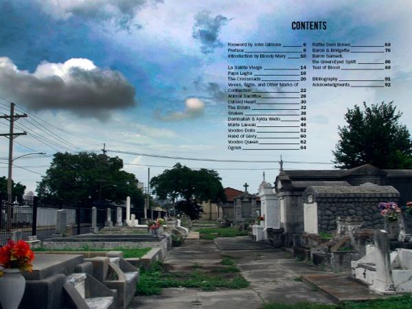 A cemetery with tombstones and cloudy skies, shot in Justice Howard’s style, with nearby power lines and trees. Table of contents text appears at the top right, evoking Voodoo Queen Bloody Mary's legacy. From Justice Howard's Voodoo by Schiffer Publishing, Ltd.