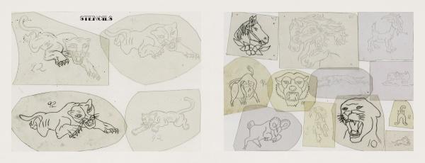 Classic Tattoo Stencils 2 by Schiffer Publishing, Ltd. features hand-drawn animal sketches and acetate stencils—mostly tigers, panthers, and lions in varied poses—in the mid-20th-century tattoo style on white and beige paper backgrounds.