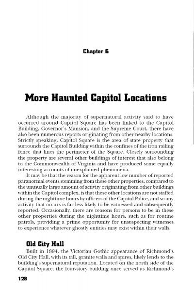 Policing the Paranormal by Schiffer Publishing, Ltd. explores Virginia's haunted sites in Chapter 6, featuring ghost stories at Capitol Square and surrounding areas, beginning with Richmond’s Old City Hall.