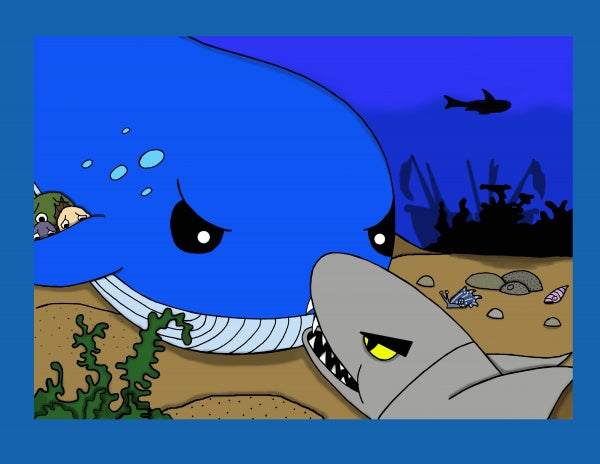 In "Baby Blue Has the Blues" from Schiffer Publishing, Ltd., a cartoon blue whale and gray shark face off angrily on the ocean floor among seaweed and shells—a vibrant scene for early readers learning about accepting differences.