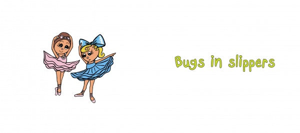 Two cartoon bugs, one in a pink tutu and one in a blue tutu with bow, stand en pointe. "Bugs in Shoes" by Schiffer Publishing, Ltd. appears in green text to the right—perfect for a children's picture book about clothing.