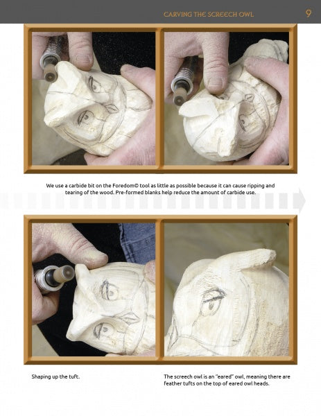 Two photos from "Carving the Screech Owl" by Schiffer Publishing, Ltd. show hands carving a screech owl: the top image details beak work, while the bottom captures shaping ear tufts with precise wood carving techniques.