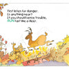 An illustration of two deer running through a colorful autumn forest. Above them, text reads: First listen for danger. If you sense trouble, RUN fast like a deer—just like in Busy Bodies by Schiffer Publishing, Ltd.!.