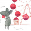 Two gray mice stand before a red Ferris wheel and roller coaster. One mouse licks a red lollipop while the other looks on in surprise. “Red” appears below. Lili's Colors by Schiffer Publishing, Ltd. is perfect for young readers learning colors and shapes.
