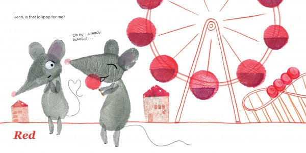 Two gray mice stand before a red Ferris wheel and roller coaster. One mouse licks a red lollipop while the other looks on in surprise. “Red” appears below. Lili's Colors by Schiffer Publishing, Ltd. is perfect for young readers learning colors and shapes.