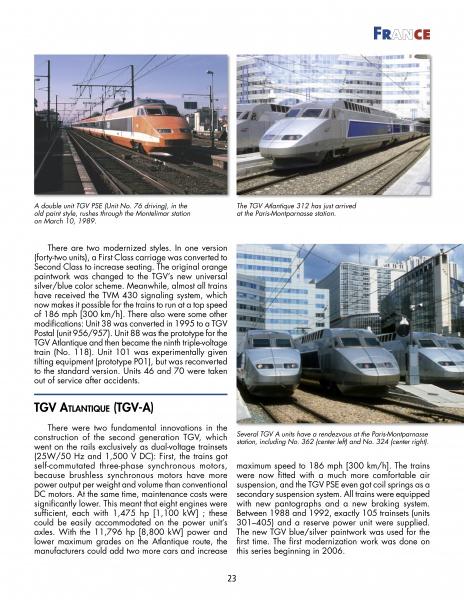 A page from "Fast Trains Worldwide" by Schiffer Publishing, Ltd. features photos of TGV models plus text on technical upgrades, innovations, and seating improvements in French high-speed trains.