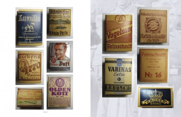 Nine vintage German tobacco packaging labels with unique designs and fonts are displayed on white, evoking scenes from "Ruhetag: The Day to Day Life of the German Soldier in WWII" by Schiffer Publishing, Ltd.