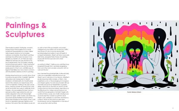 A book spread from "Eye See You" by Schiffer Publishing, Ltd. displays text titled Paintings & Sculptures and a neo-psychedelic artwork with two black faceless figures, colorful melting backgrounds, and green plants, evoking Oliver Hibert’s style.