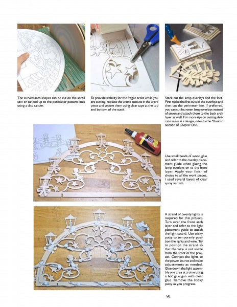 Discover how to cut, assemble, and glue intricate wood lamp parts with step-by-step photos from Lighted Scroll Saw Projects by Schiffer Publishing, Ltd.—covering illuminated fretwork patterns, part arrangement, gluing tips, and a decorative arch.
