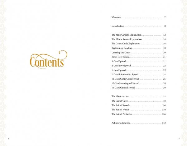 The Tarot of Enchanted Dreams by Schiffer Publishing, Ltd. features a table of contents with Welcome, Introduction, card meanings, spreads, Major Arcana, Cups, Wands, Pentacles, and Acknowledgments, each with page numbers.