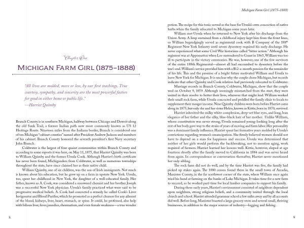 A two-column book page from Harriet Quimby by Schiffer Publishing, Ltd. features a quote at the top about her childhood in Branch County, Michigan (1875–1888), with dense black text on a white background.