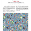 A page from Schiffer Publishing, Ltd.'s Vintage Children's Fabrics book showcases children's clothing made from vintage fabrics and a blue sample patterned with animals, letters, and Peter Rabbit.