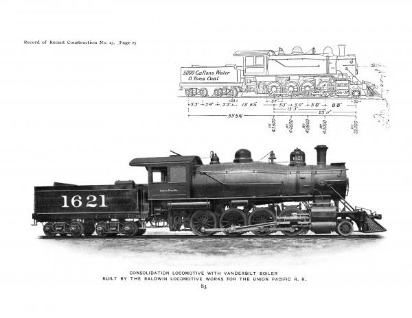 Black-and-white illustration of a Mikado locomotive labeled 1621 with technical specs above; text notes it was built by Baldwin Locomotive Works for Union Pacific R.R. Product: Baldwin Locomotives by Schiffer Publishing, Ltd.
